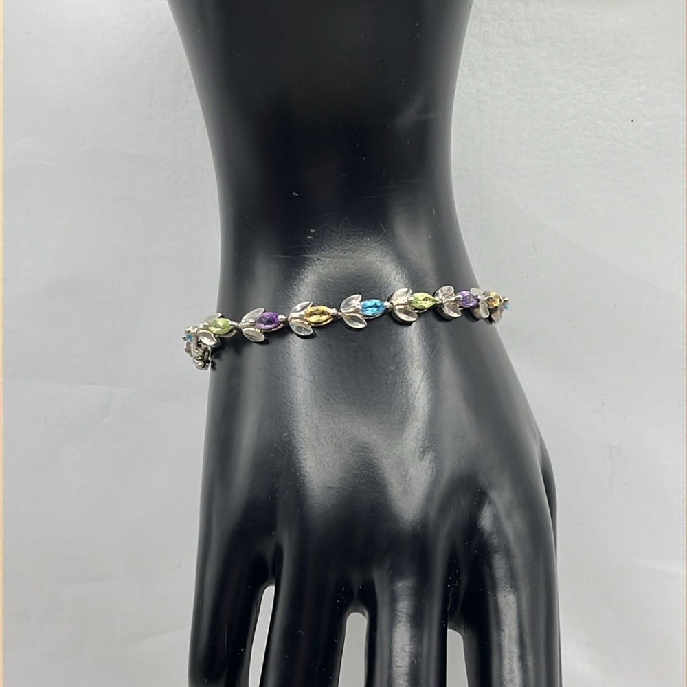 Sterling Silver flower motif tennis bracelet blue topaz, citrine and amethyst - Picture 6 of 12